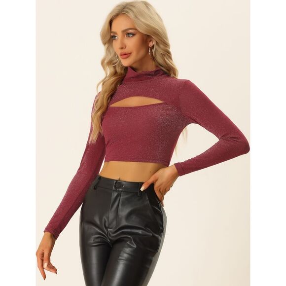 Shimmer Blouse Long Sleeve Slim Fit Mock Neck Cutout Crop Tops Dark Red - Picture 4 of 6